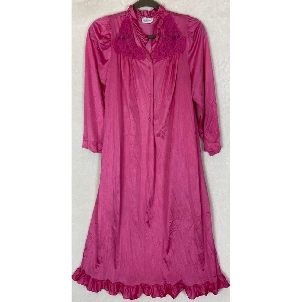 Vtg Lorraine Pink Nylon Long Robe Dressing Gown Lace Yoke Ruffle Hem Size M